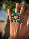 Orange Spiny heart with Turquoise cluster ring 