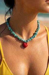 Image 1 of Turquoise stone necklace with red puff heart charm
