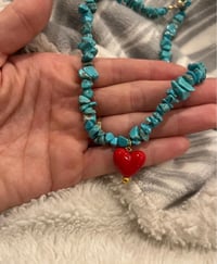 Image 2 of Turquoise stone necklace with red puff heart charm