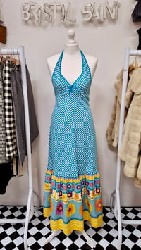 Image 1 of Vintage 70s Dorothy Perkins Blue Chequered Floral Maxi Halter Neck Dress (Size 10)