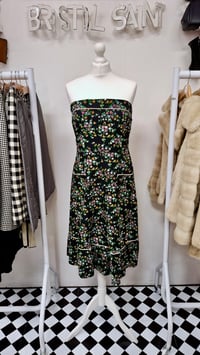 Image 1 of Vintage Late 60s Black Floral Strapless Patch Pocket Dress (Size 12)