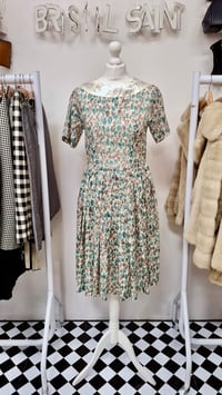 Image 1 of Vintage 60s Teal Sheer Patterned Fit and Flare Dress (Size 10-12)