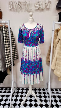 Image 1 of Vintage 70s Gideon Oberson Design Purple Floral Fit and Flare Dress (Size 10-12)