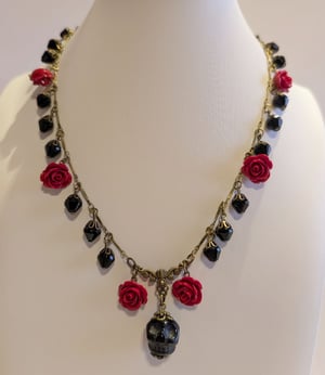 Image of Victorian Mourning Inspired ~ Carved Red Roses & Obsidian Skull