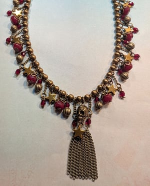 Image of Memento Mori ~ Skull & Stars! ~ Ruby Red Jade ~ Antique Bronze Necklace Set