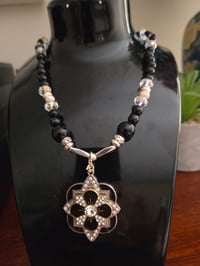 Image 1 of Beaded Flower & Onyx Pendant Necklace