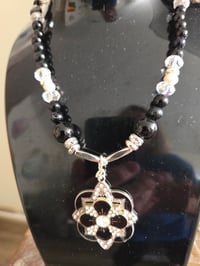 Image 2 of Beaded Flower & Onyx Pendant Necklace