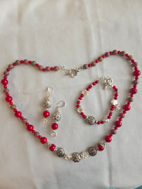 Image 1 of Red Beaded Silver-Tone Necklace Set