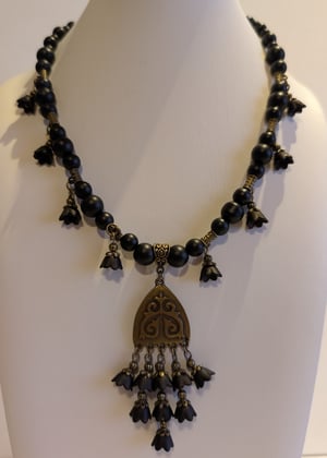 Image of Quite Ornate ~ Victorian Mourning Inspired ~ Black Lily & Glass Bead Waterfall Necklace Set