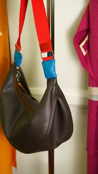 Image 4 of Crescent Handbag in Brown Vinyl with Red Strap