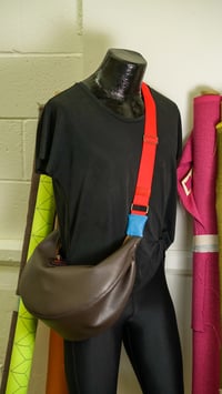Image 3 of Crescent Handbag in Brown Vinyl with Red Strap