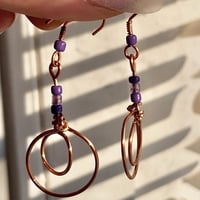 Image 2 of Pure copper handmade dangle drop earrings with purple beads