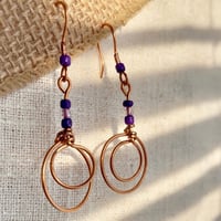 Image 1 of Pure copper handmade dangle drop earrings with purple beads