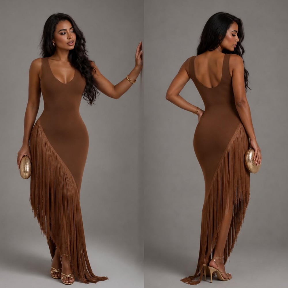Image of JOIA FRINGE DRESS-brown