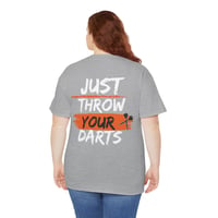 Image 3 of Just Throw Your Darts T‑Shirt – Funny Dart Player Tee – Unisex Dartboard Graphic Shirt & Gift