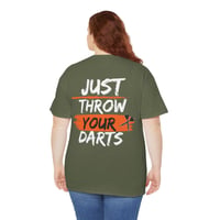 Image 4 of Just Throw Your Darts T‑Shirt – Funny Dart Player Tee – Unisex Dartboard Graphic Shirt & Gift