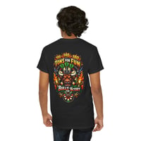 Image 2 of Darts Bullseye Graphic Tee — "Tons for Fun, Bull's Victory" Retro Flames Design
