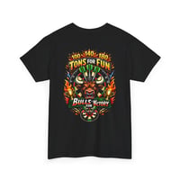 Image 1 of Darts Bullseye Graphic Tee — "Tons for Fun, Bull's Victory" Retro Flames Design