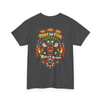 Image 3 of Darts Bullseye Graphic Tee — "Tons for Fun, Bull's Victory" Retro Flames Design