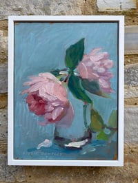 Image 4 of Two pink roses in glass on turquoise 20cm x 26cm 