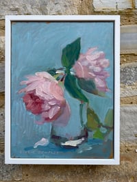 Image 5 of Two pink roses in glass on turquoise 20cm x 26cm 
