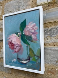 Image 6 of Two pink roses in glass on turquoise 20cm x 26cm 