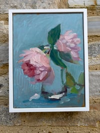 Image 7 of Two pink roses in glass on turquoise 20cm x 26cm 