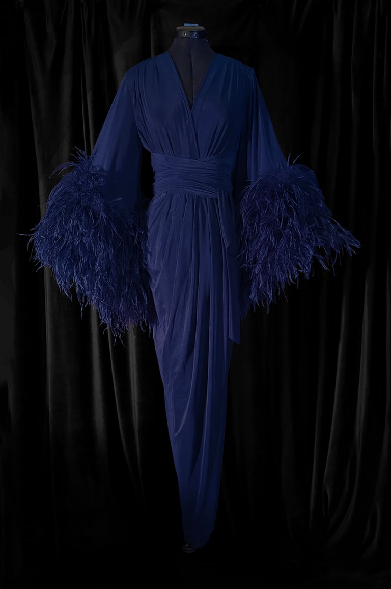 Deep Blue Sheer "Selene" Ostrich Dressing Gown Pre-Order
