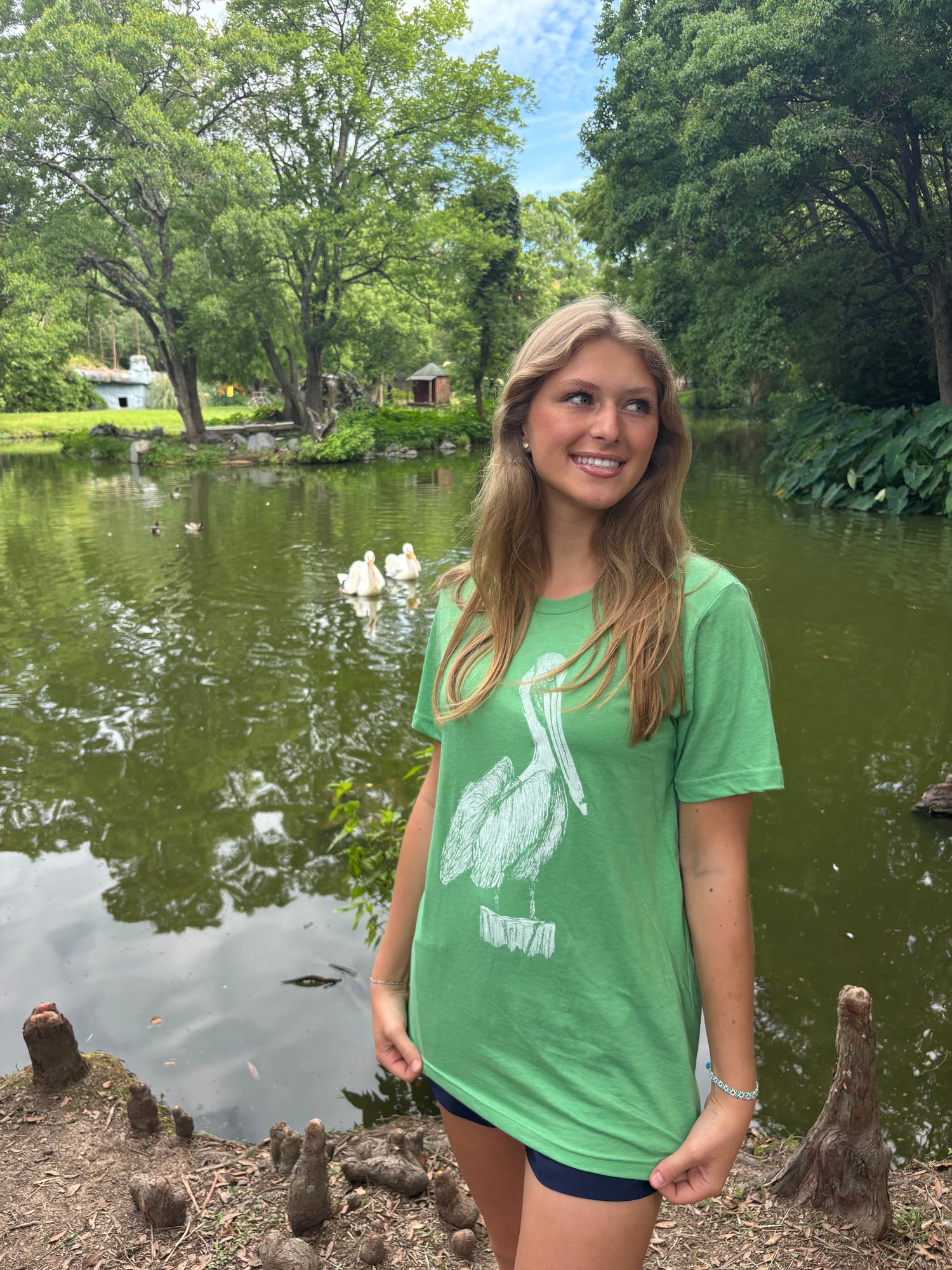 Image of Adult Pelican Tee on Green 