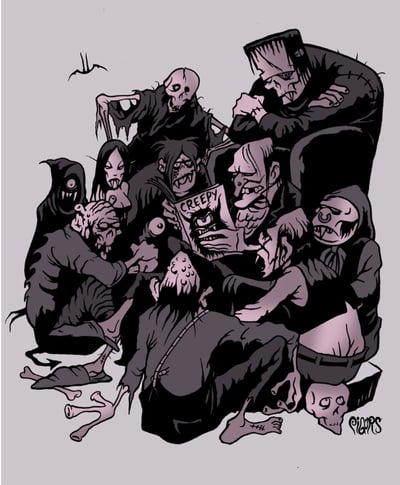 Image of FAMOUS MONSTERS - signed print n button 