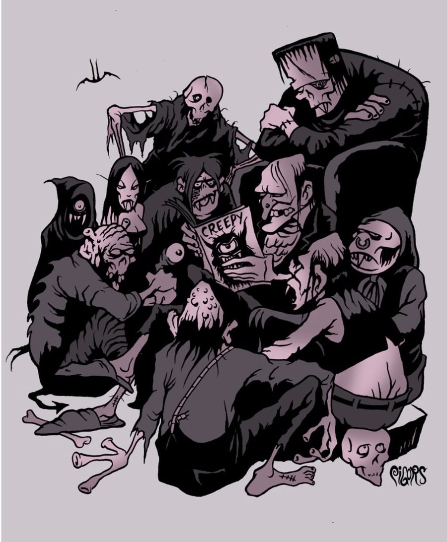 Image of FAMOUS MONSTERS - signed print n button 