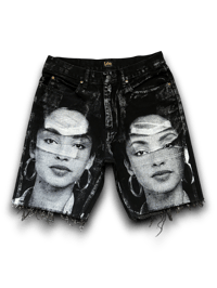 Image 1 of 505 Levi's Sade Adu Upcycled Reworked custom Screen Print black denim Jorts 