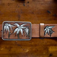 Image 1 of ANTIQUE BROWN FLANNEL FLOWER BELT BUCKLE 