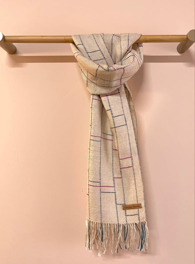 Image of Ecru, Teal & Cerise Silk/Seaweed Linear Scarf