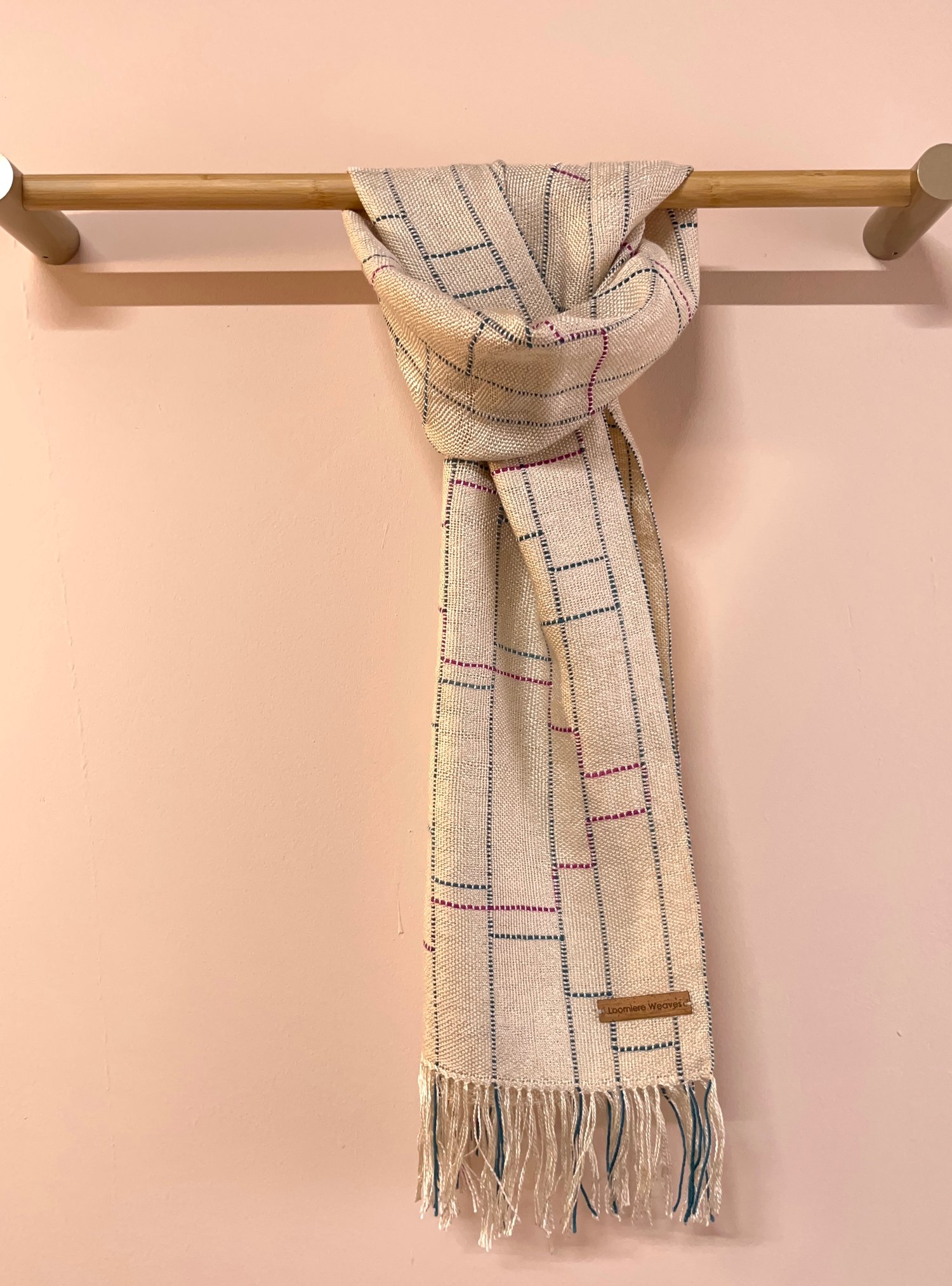 Image of Ecru, Teal & Cerise Silk/Seaweed Linear Scarf