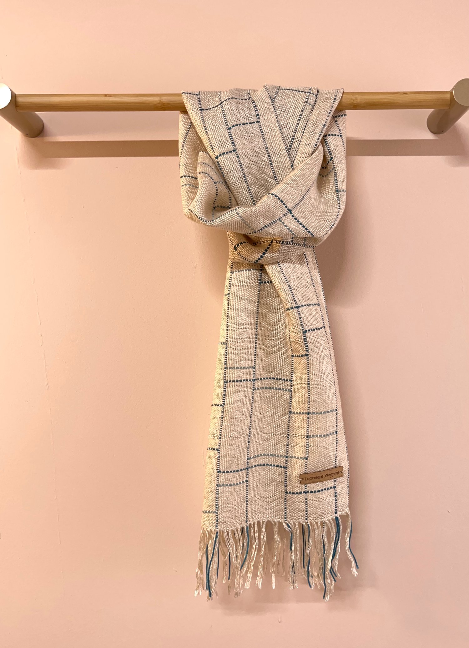 Image of Ecru, Teal & Seaglass Silk/Seaweed Linear Scarf