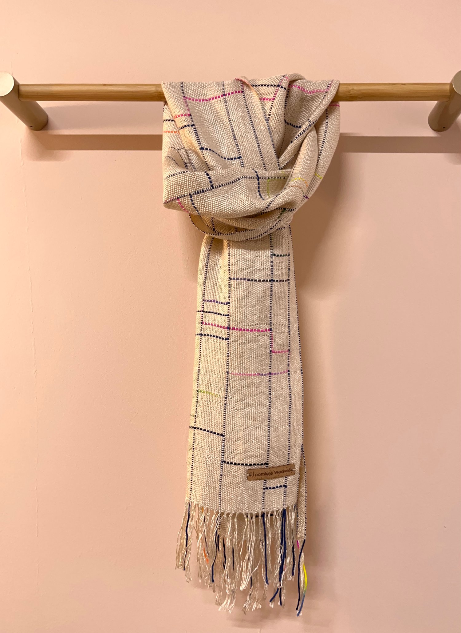 Image of Ecru, Navy & Rainbow Silk/Seaweed Linear Scarf