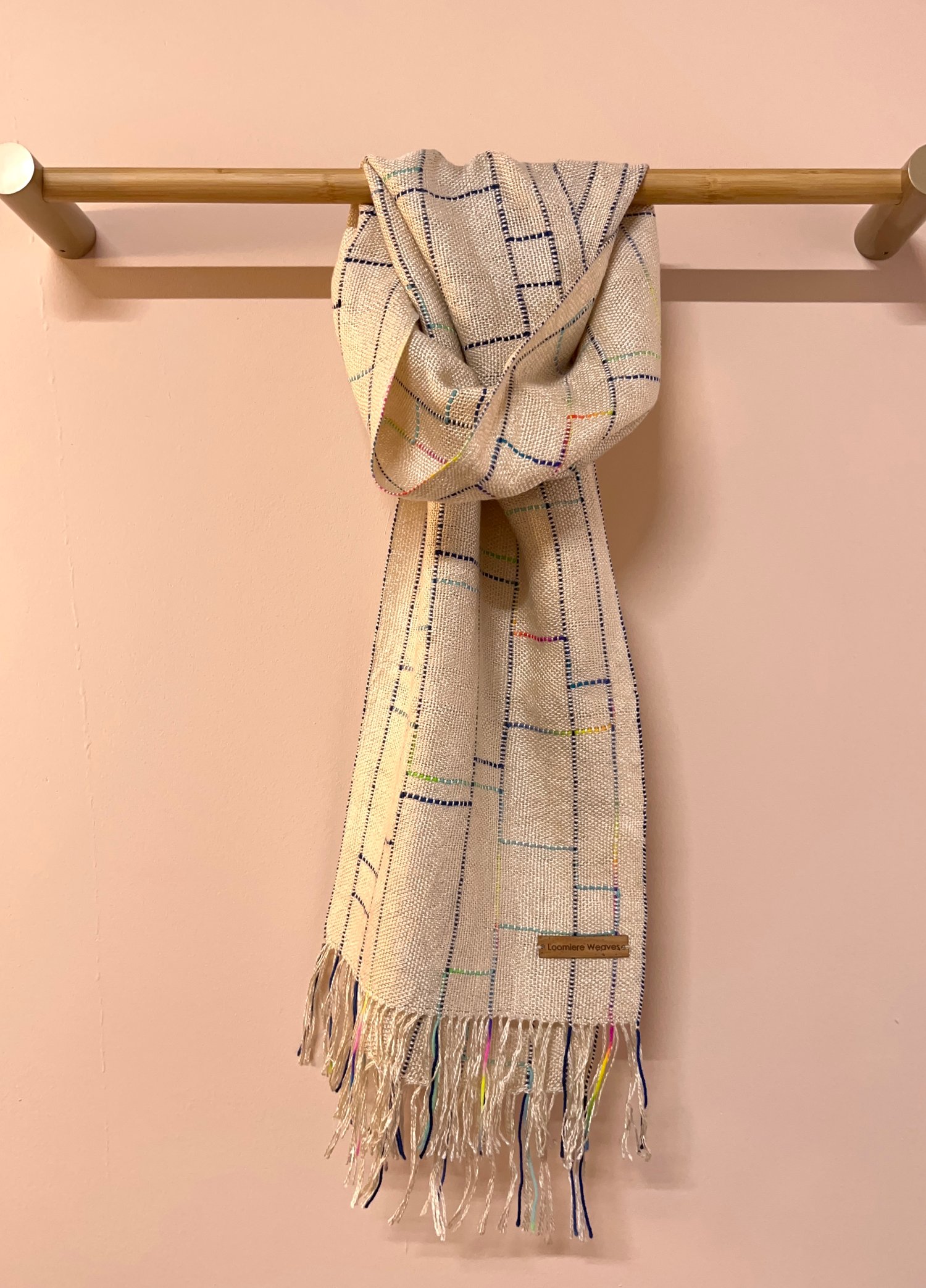 Image of Ecru, Navy & Bioluminescence Silk/Seaweed Linear Scarf