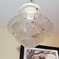 Image 1 of Three Chain Art Deco Ceiling Light, Embossed Glass Flying Swans, #992