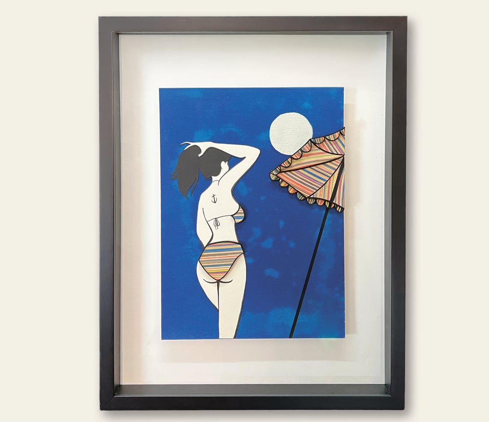 Image of Dessin Original, collage et cyanotype "le parasol rayé"