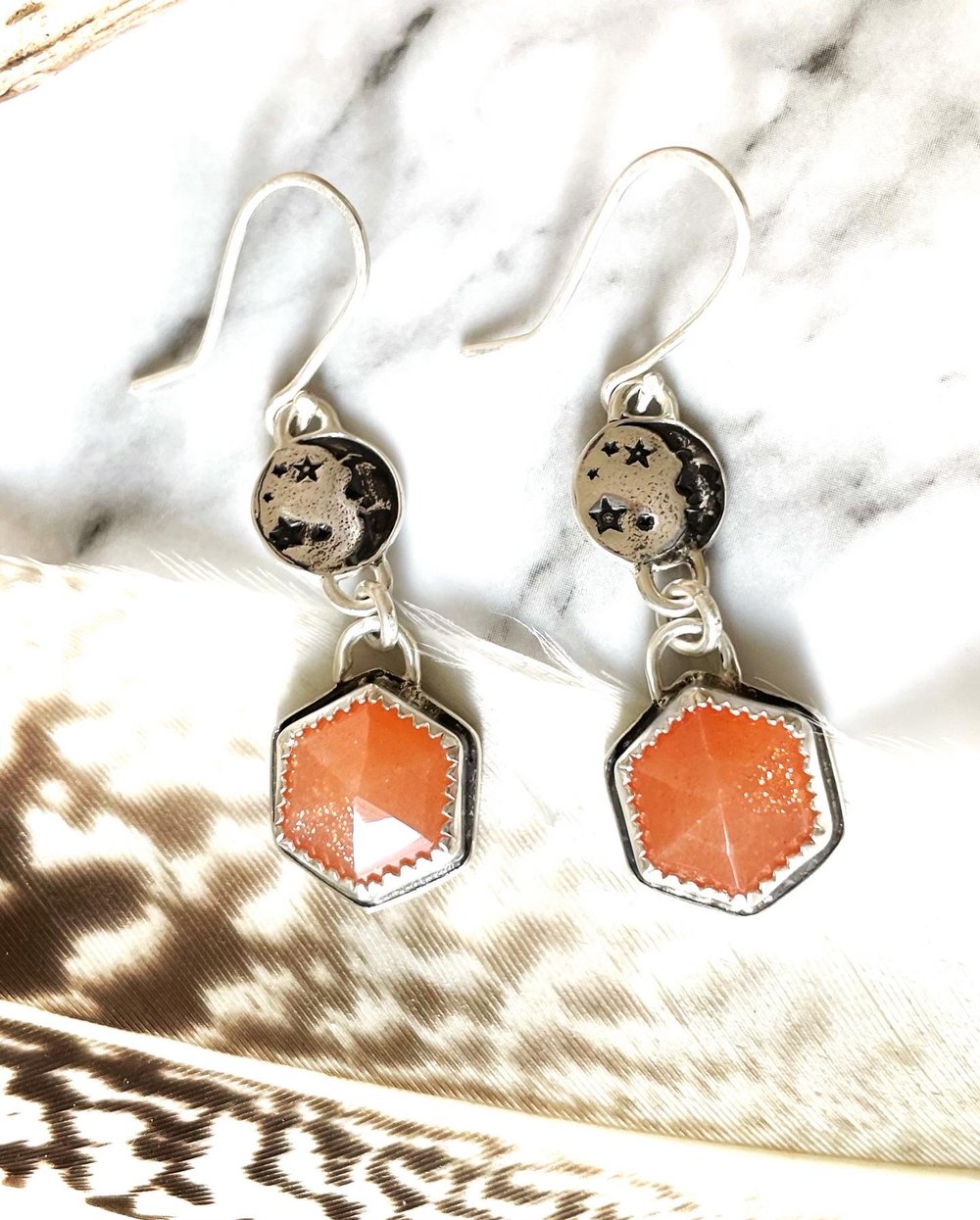 Handmade Sterling Silver Man In The Moon Peach Moonstone Earrings 925