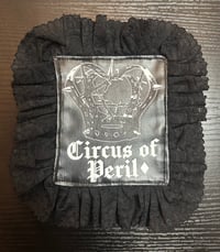 logo pleather x black lace patch