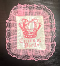 logo white pvc x pink lace patch