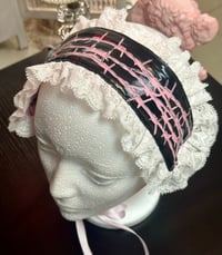 Image 2 of black pvc x white lace barbed wire headdress (pink graphic)