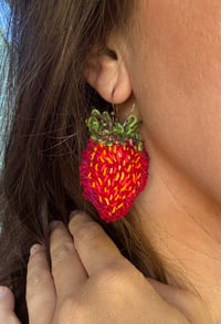 Image 2 of Stitched Strawberry Earrings