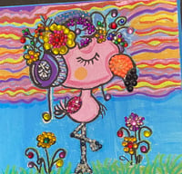 Image 1 of Flamingo wearing headphones or noise canceling mixed media paintingj