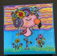 Image 2 of Flamingo wearing headphones or noise canceling mixed media paintingj