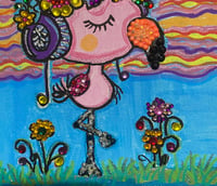 Image 3 of Flamingo wearing headphones or noise canceling mixed media paintingj