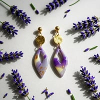 Purple and gold clay dangle earrings 
