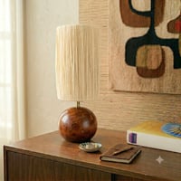 Image 2 of Lampe boule en bois vintage 70 et abat-jour en raphia - lampe moderniste scandinave 